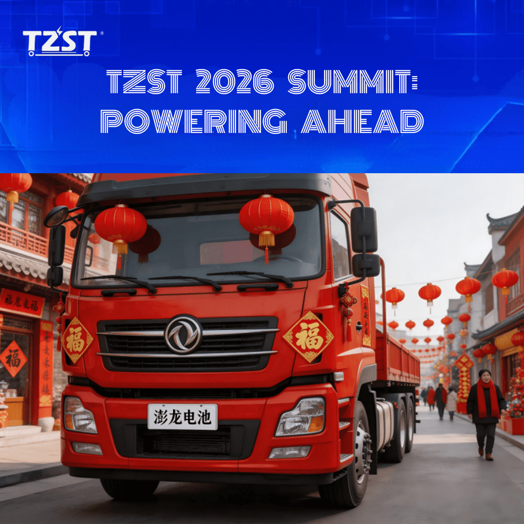 TZST 2026 Annual Summit: Truck driver celebrating with TZST lithium battery model for reliable truck power.
